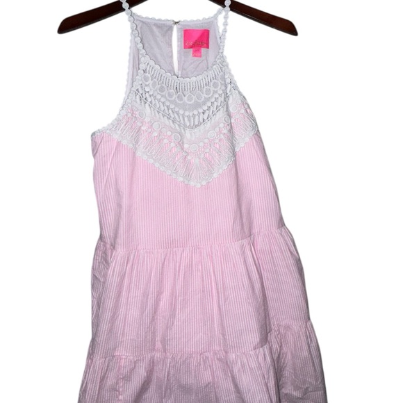 🔥Lilly Pulitzer Britt Seersucker Striped Halter Lace Dress Havana Pink - Picture 4 of 10